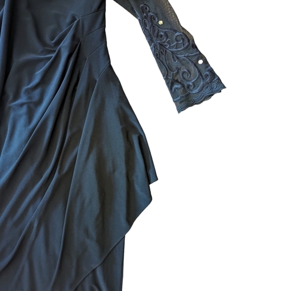 New XSCAPE navy Dress knit party dress illusion Lace neckline long sleeves sz 4 - Picture 9 of 11